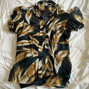 Feathered Patterned Button Up Flowy Shirt